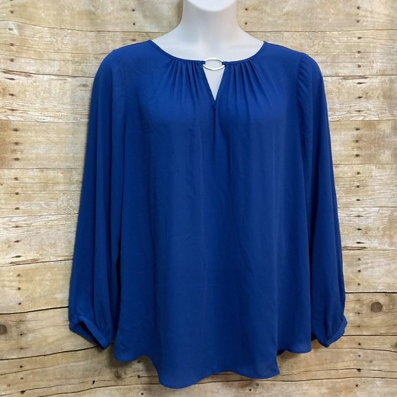 Avenue Tops - Avenue Size 18 20 Popover Blouse Blue Semi Sheer Keyhole Neck Silver Oval Accent